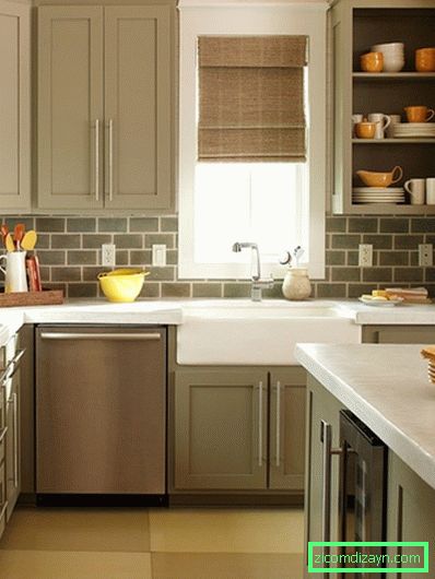 Модерният-кухня-интериорен дизайн-с-неутрален цвят-кухня-шкаф-с-бяло-брояч-и и тухлата стенни плочки